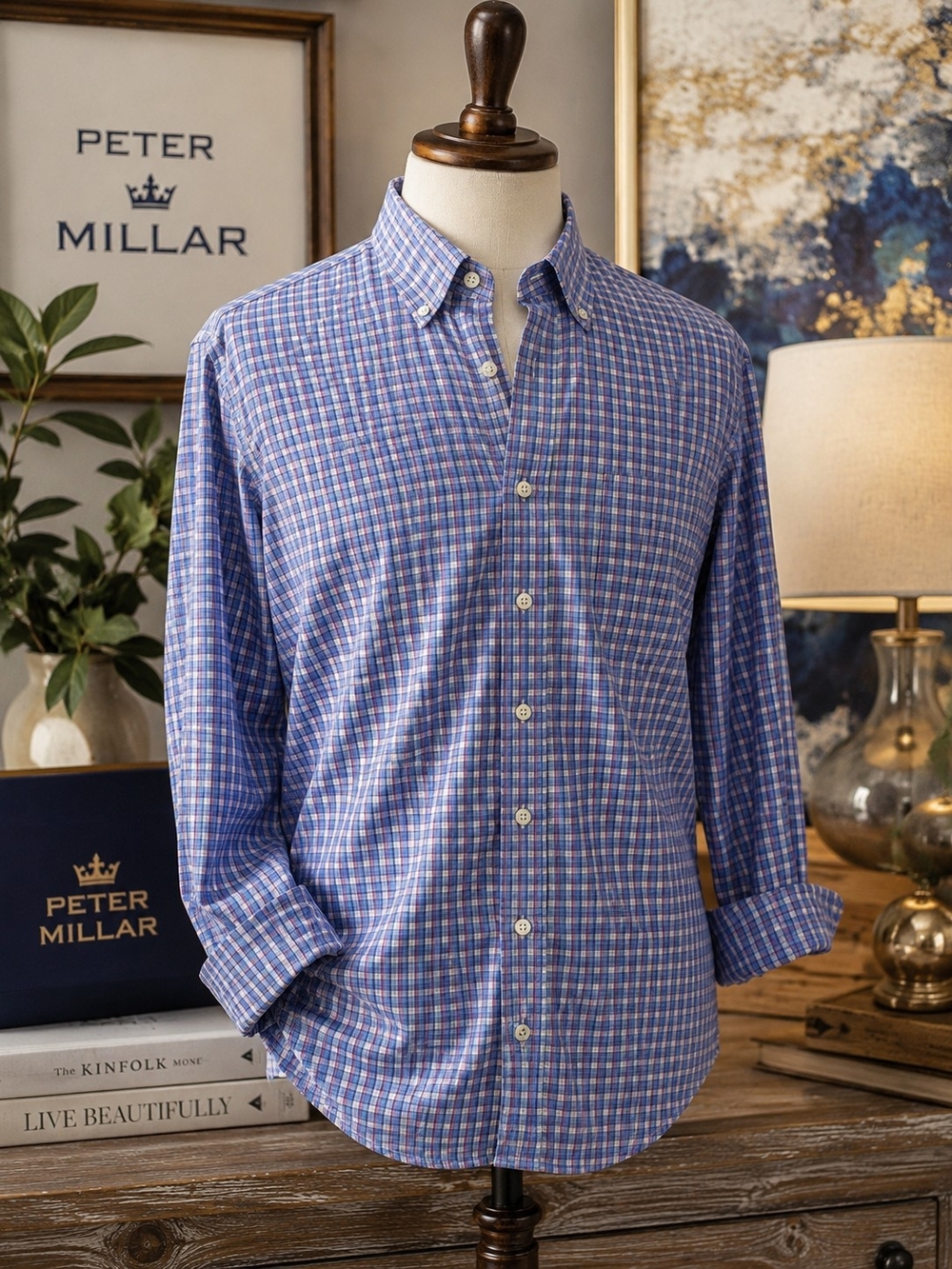 Peter Millar Blue Plaid Button-Down Shirt